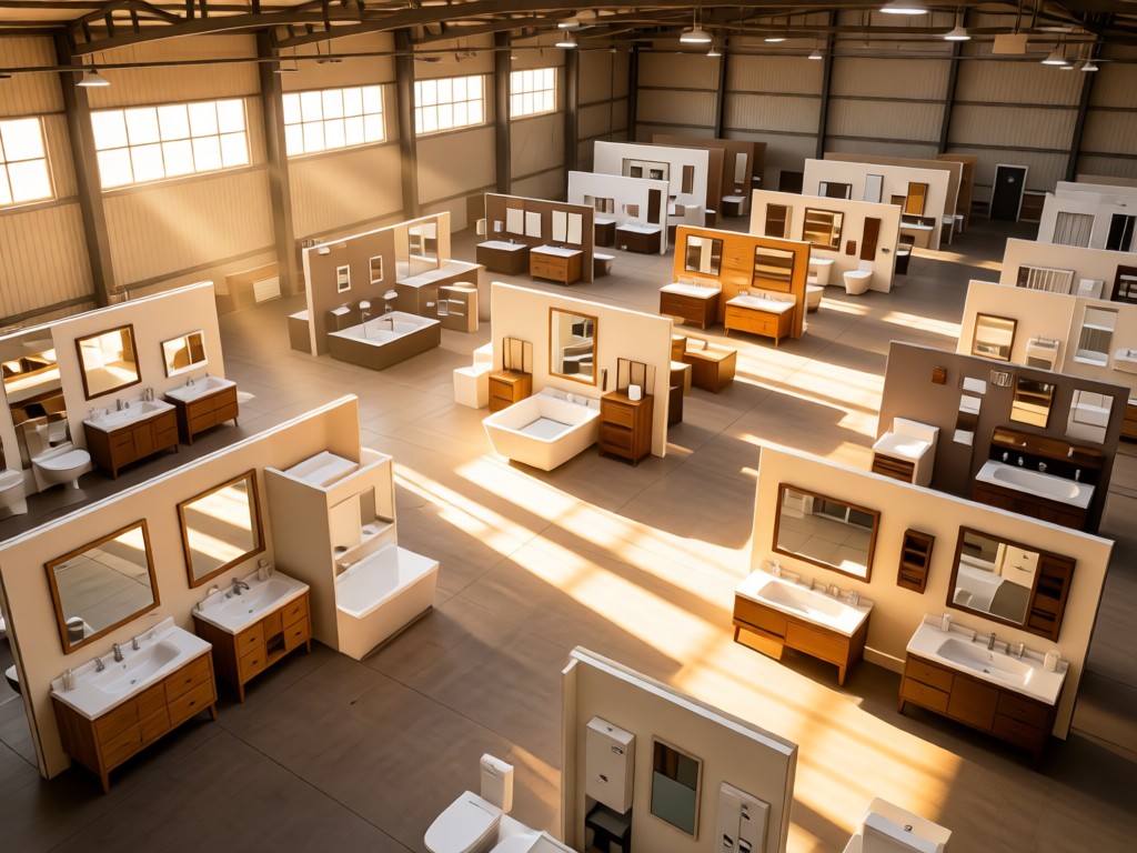 An aerial view of perfectly arranged outlet furniture vignettes in a sunlit warehouse. Each grouping features different styles bathed in warm light with clean negative space between displays. No people.