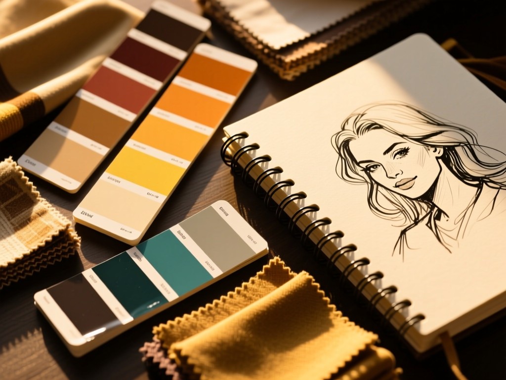 An angled view of paint swatches and fabric samples arranged beside a designer sketchbook. Golden hour light highlights the color harmony. No people.