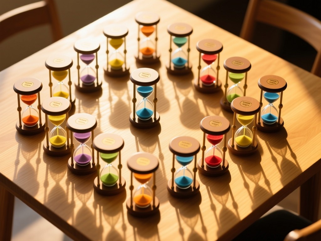 An aerial view of perfectly arranged hourglass timers on a sunlit wooden table. Each shows different colored sand flowing. The symmetrical arrangement represents optimized time management. Warm golden tones throughout. No people.