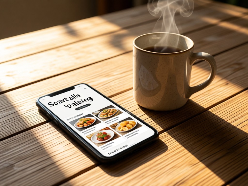 Smartphone displaying a clean food portfolio beside a steaming ceramic mug on a reclaimed wood table. Morning light creates warm reflections. Simple composition. No people.