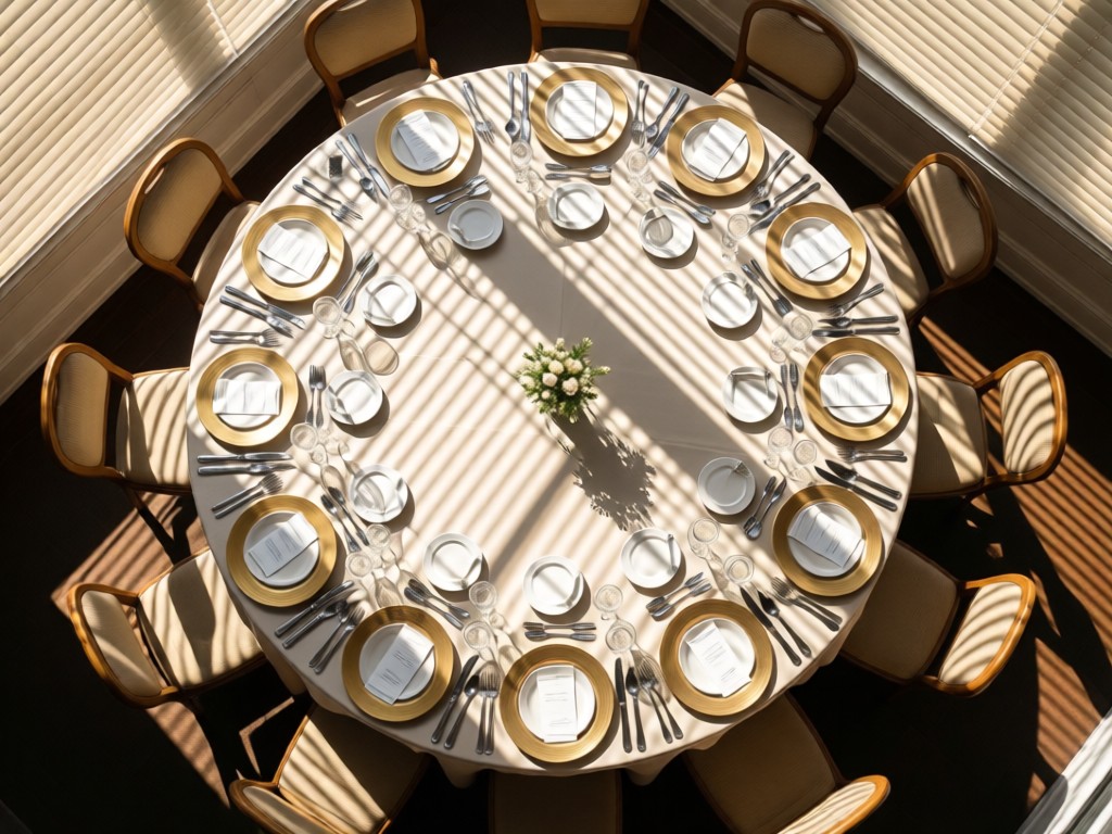Aerial view of a perfectly arranged event table setting with plates, glasses, and silverware radiating outward. Sunlight creates geometric shadows through window blinds. Represents precision and organization.