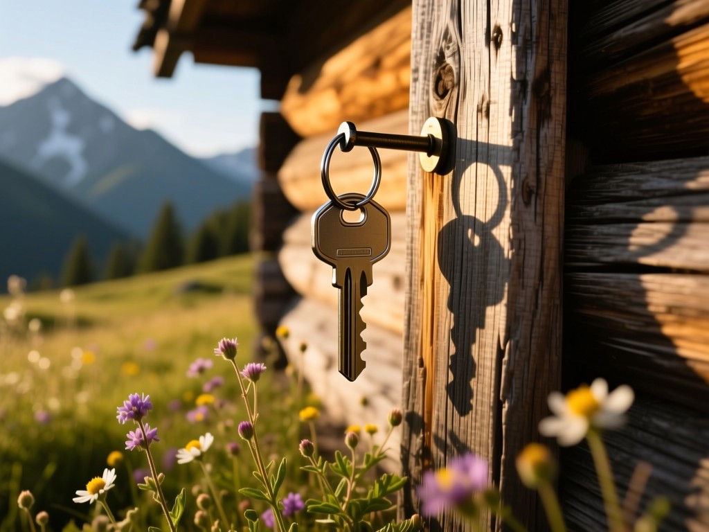 A single cabin key hanging on a nail against weathered wood, surrounded by wildflowers in a mountain meadow. Golden hour backlighting creates long shadows. Symbolizes simplicity and control. No people.