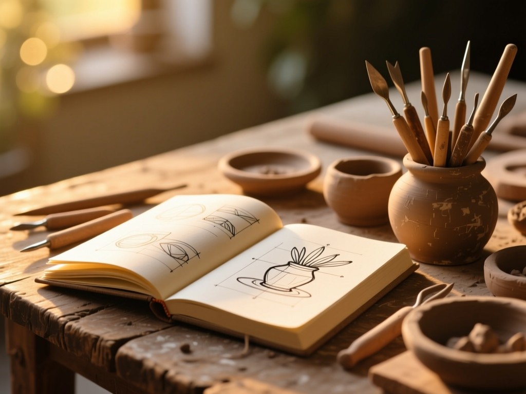 An open sketchbook beside clay tools on a rustic table. Golden hour light illuminates craft diagrams on the page. Soft bokeh background, no text visible.