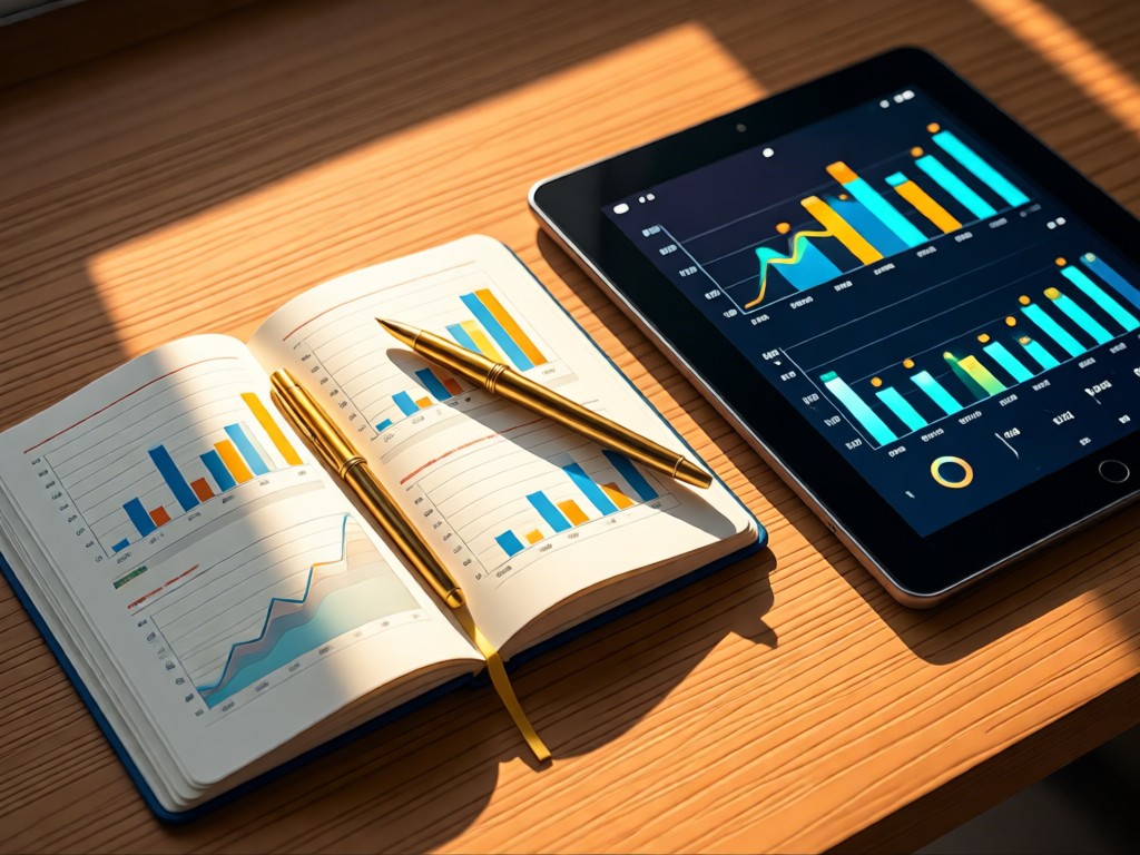 An open notebook showing growth charts next to a modern tablet displaying analytics. Sunlight highlights gold pen accents on a wooden desk. Warm and achievement-focused. No people.