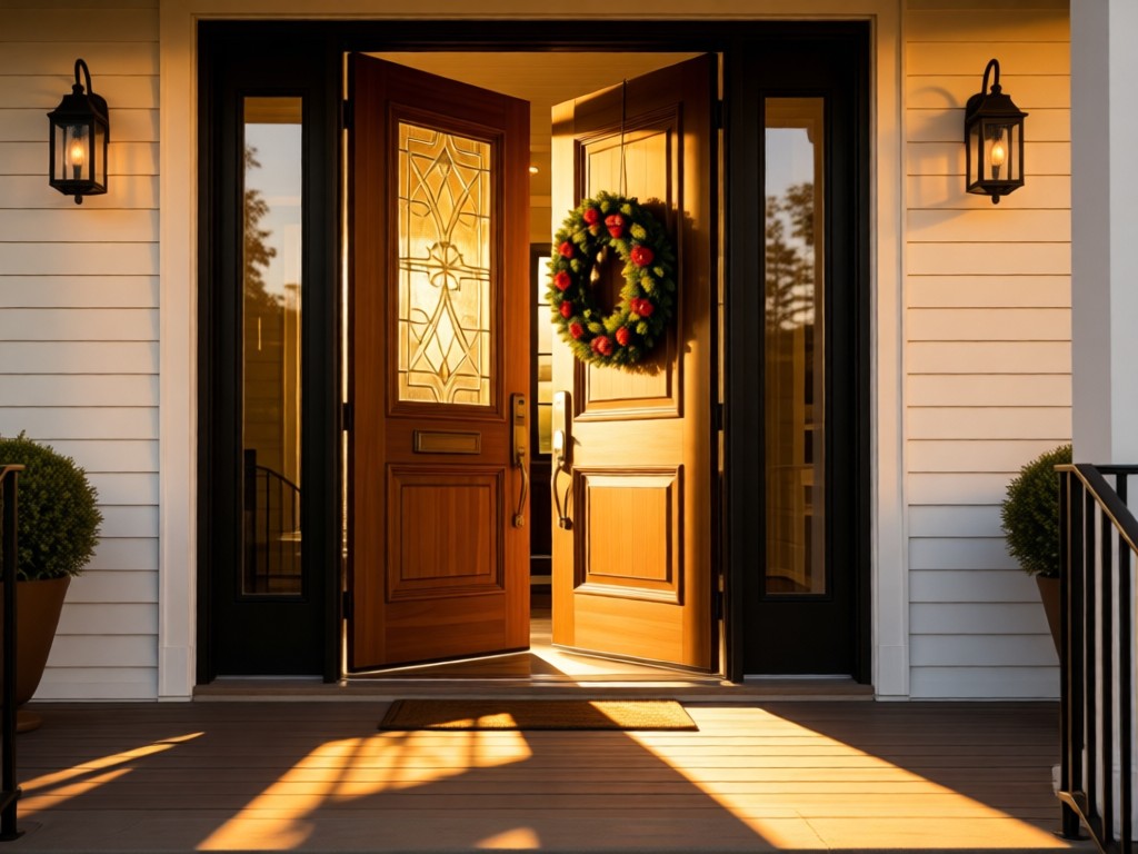An open, stylish front door with a welcoming wreath. Golden hour light creates long shadows on the porch. The door symbolizes new opportunities and client connections. No people.