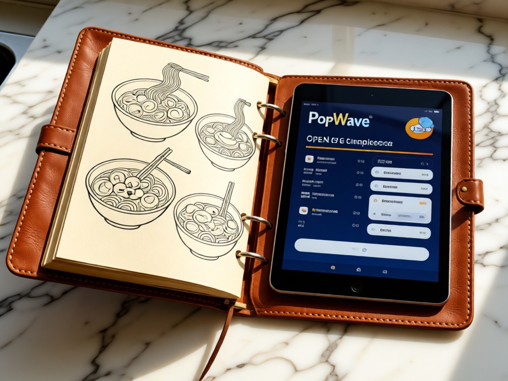 Open leather-bound notebook on a marble counter. One page shows hand-drawn ramen sketches, the other displays a digital tablet with PopWave's menu interface. Sunlight highlights texture contrast. No people.