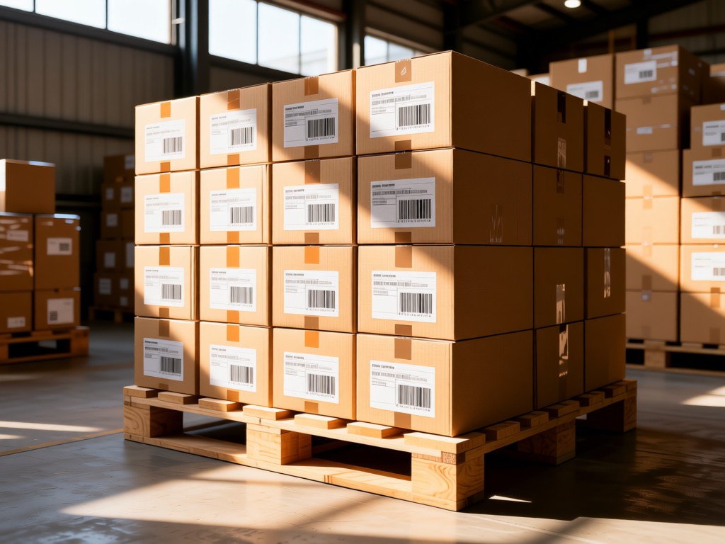 A neatly arranged pallet of generic product boxes in a sunlit warehouse. Labels facing forward with visible barcodes. Soft shadows emphasize organization. Natural wood textures and cardboard tones. No people.