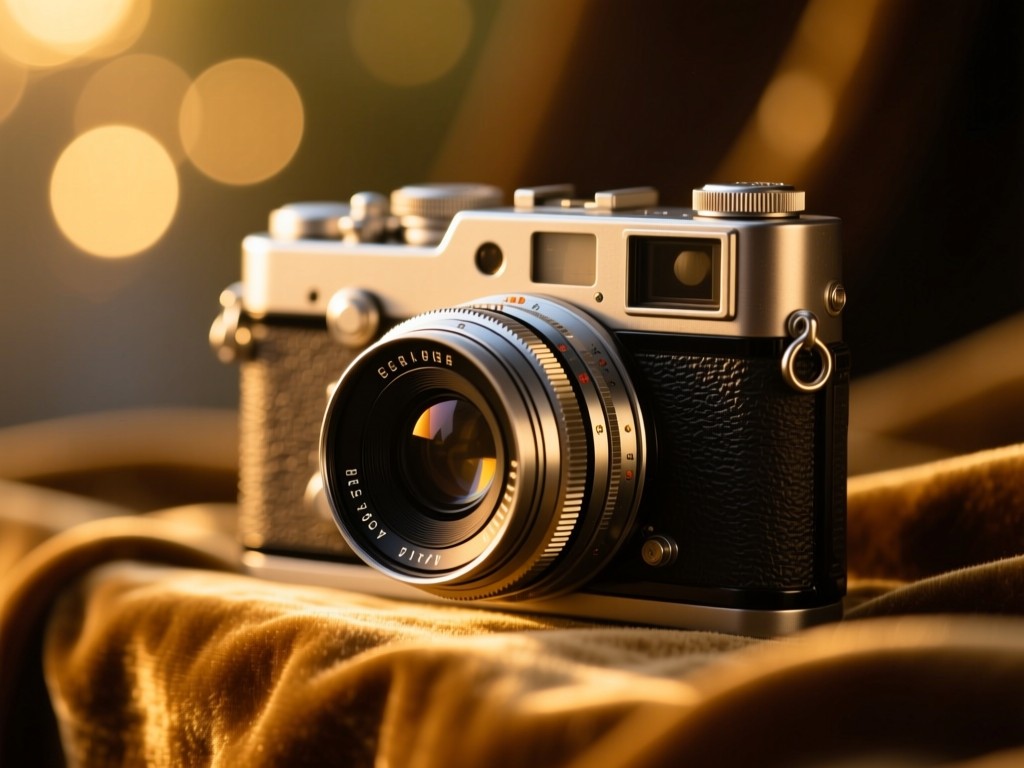 A single vintage camera lens catching golden hour light on a velvet backdrop, bokeh background, warm glow emphasizing craftsmanship, no people.