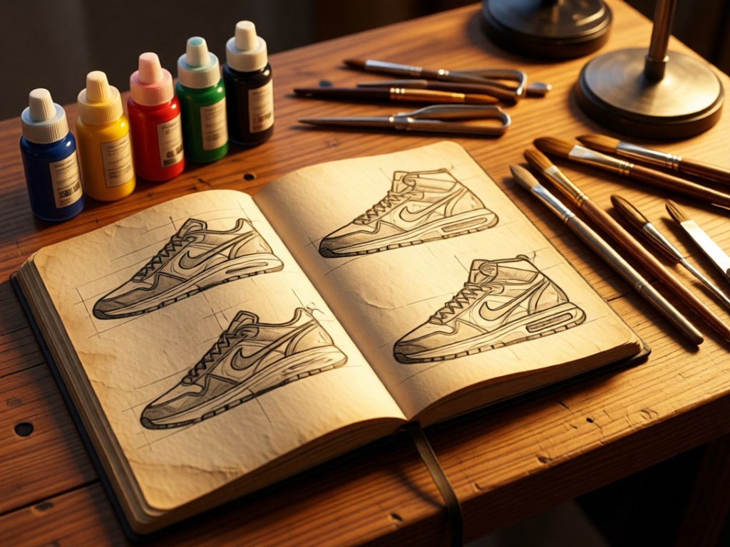 Open sketchbook showing sneaker designs beside pigment bottles and brushes. Golden hour light warms the textured paper and metal tools on a wooden workbench.