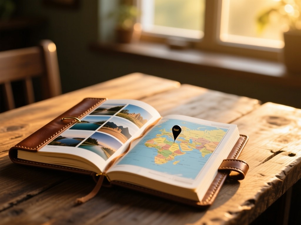 A leather-bound travel journal open on a rustic wooden table during golden hour, showing a collage of destination photos and map pins, soft sunlight streaming through a window, shallow depth of field, warm tones, no people.