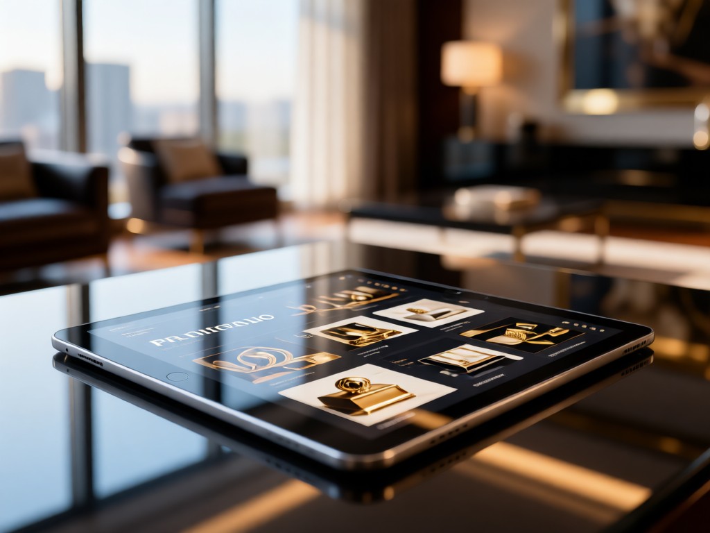 Sleek tablet showing luxury portfolio gallery. Reflective surface captures soft window light. Blurred high-end furnishings in background. No people.