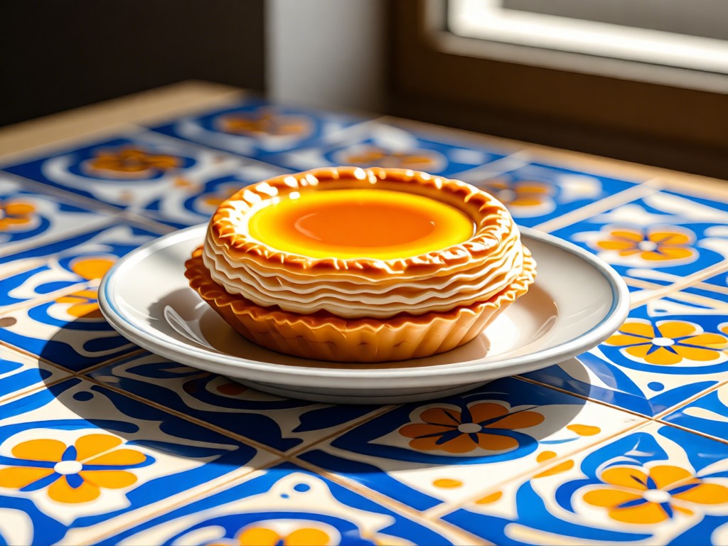 Close-up of perfectly plated Pastéis de Nata on hand-painted Portuguese tiles. Soft shadows highlight flaky pastry layers. Morning light through nearby window. No people.