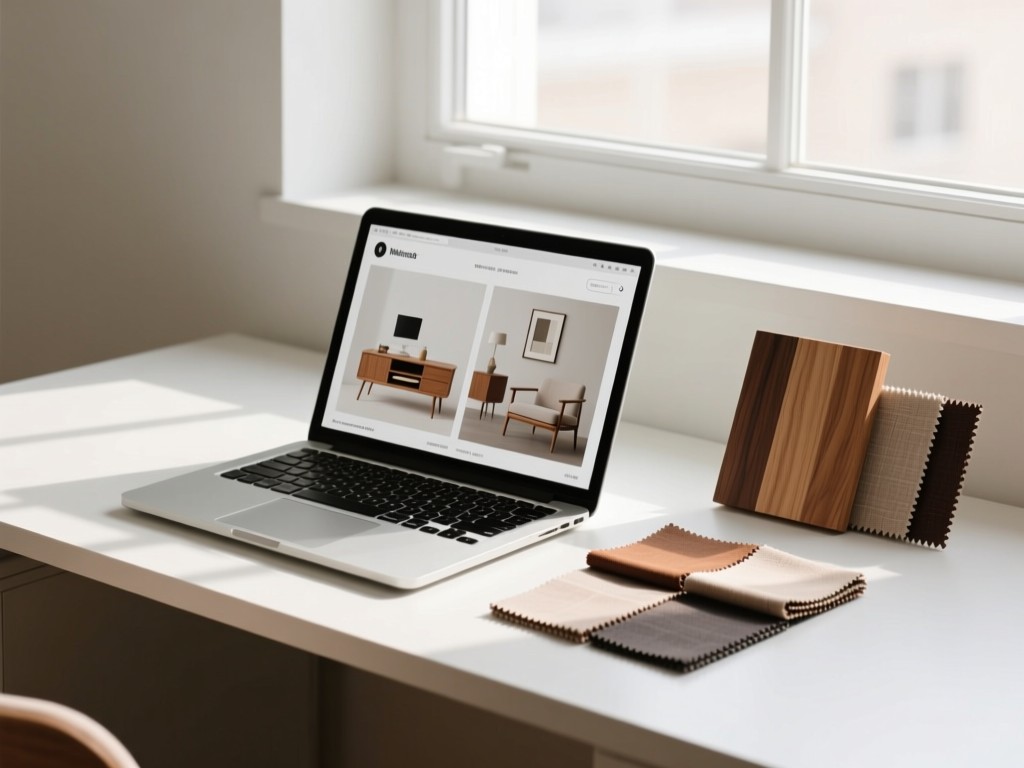Minimalist desk with laptop showing a furniture portfolio. Beside it, a wood sample and fabric swatches. Soft window light creates clean shadows. No people.