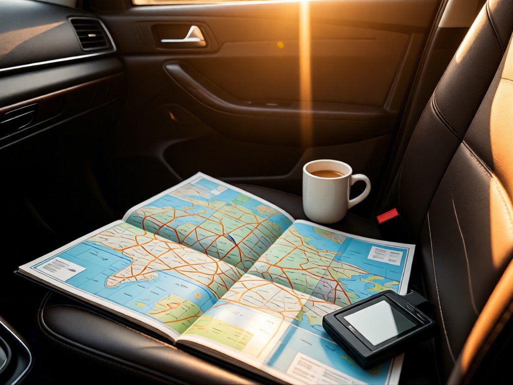 An open road atlas on a passenger seat. A coffee mug and GPS device nearby with golden hour light streaming through the window. No people.