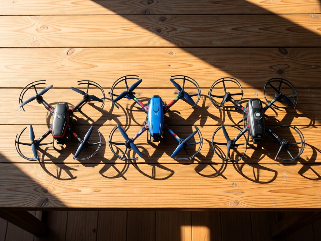 Aerial view of three different RC drones arranged neatly on a rustic wooden table. Morning light creates soft shadows. Clean composition with breathing space. No people.