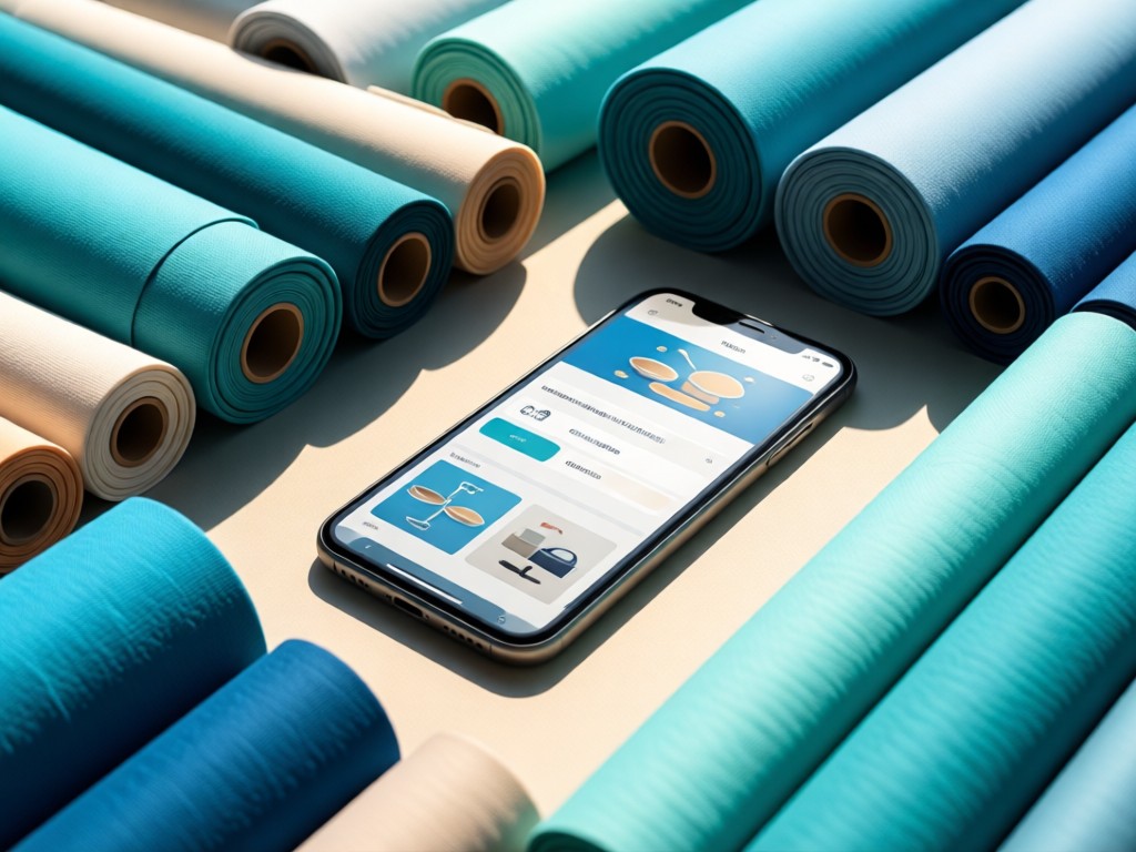 Artful arrangement of fabric rolls in coastal colors beside a smartphone showing a clean e-commerce interface. Sunlight reflecting off screen. No people.