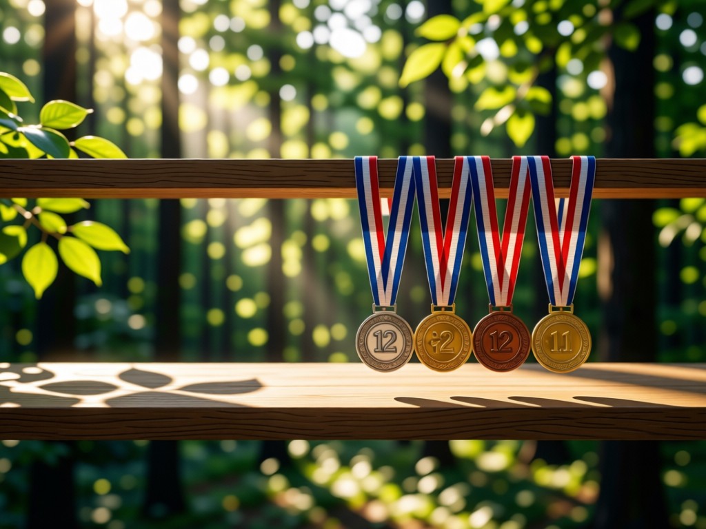 A minimalist shelf displaying race medals against a soft-focus forest backdrop. Morning light creates long shadows through leaves. Focus on achievement and nature. No people.