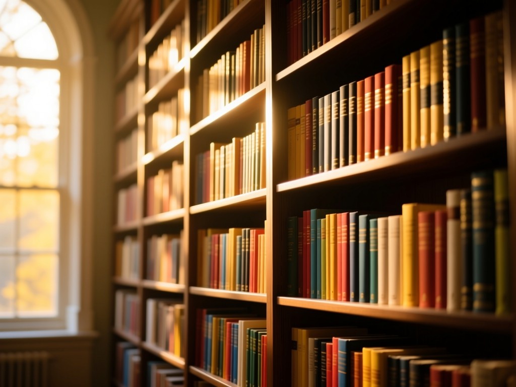 A single towering bookshelf backlit by golden window light, spines of colorful books creating organic patterns, shallow depth of field, warm shadows, no text.