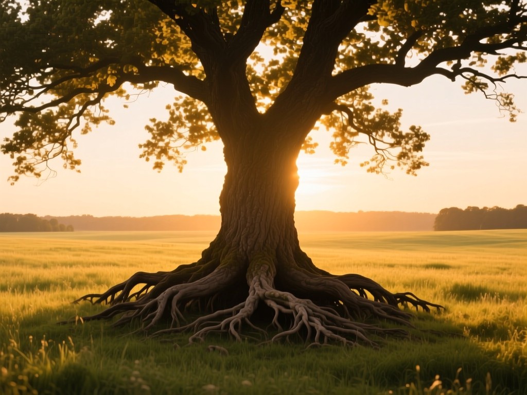 A single oak tree with sprawling roots in a sunlit meadow during golden hour, symbolizing deep audience connections and growth, warm tones, expansive negative space.