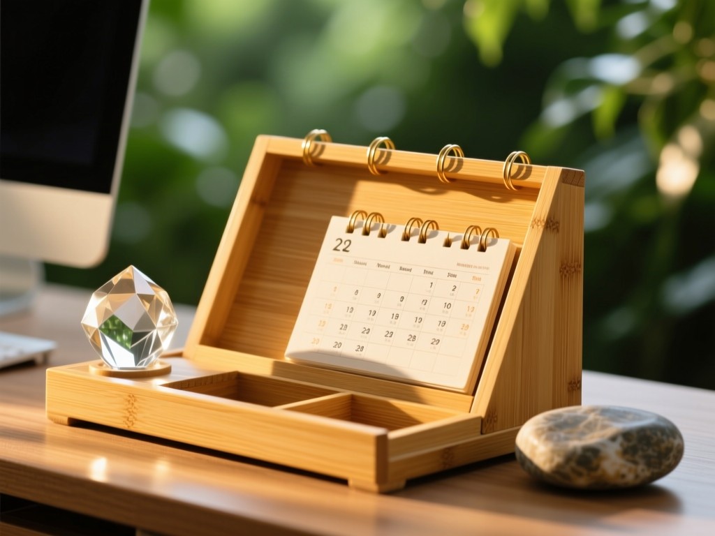 An open bamboo desk organizer with visible calendar tabs. Golden hour light illuminates a crystal paperweight and smooth river stone. Blurred greenery in background. Peaceful productivity vibe.