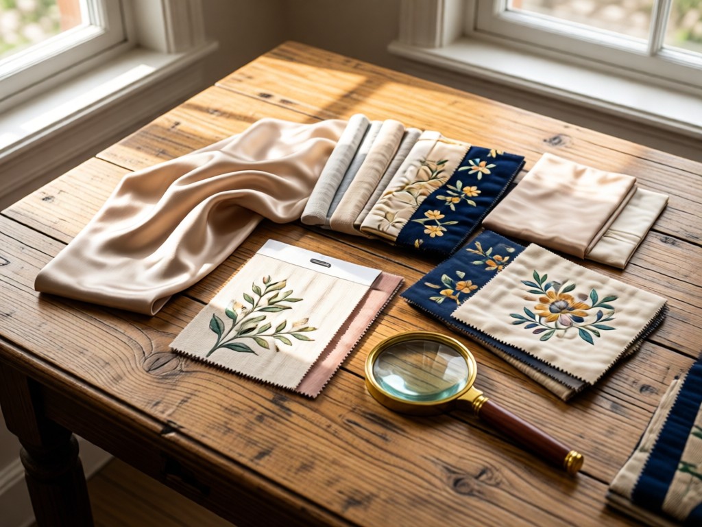 An artfully arranged flat lay of various textile samples on a reclaimed wood table. Silk, linen, and embroidered fabrics catch soft window light. A magnifying glass rests beside them, emphasizing detail. No people.
