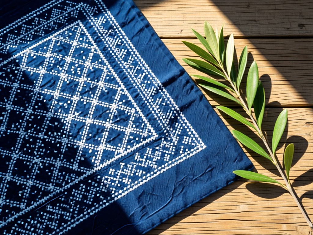 Overhead shot of traditional Palestinian embroidery on indigo fabric. Sunlight illuminates geometric patterns. A single olive branch rests beside it on a weathered wooden table.