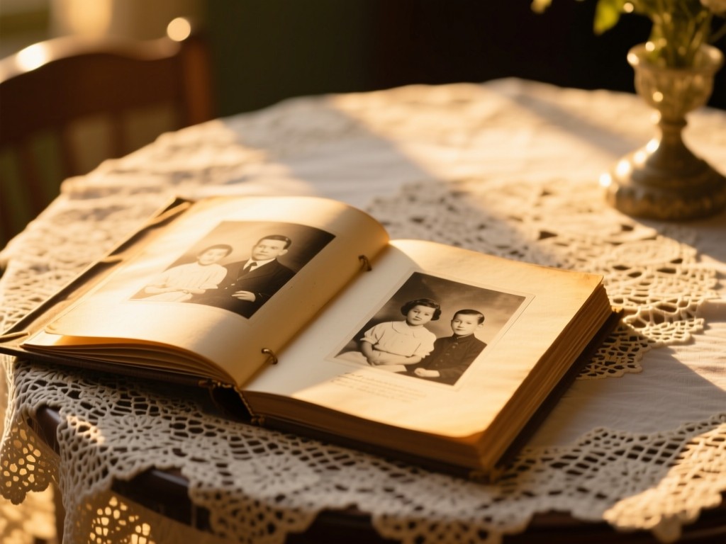 Vintage photo album open on a lace-covered table during golden hour, sunlight illuminating faded family pictures, shallow depth of field, warm amber tones, no people visible.