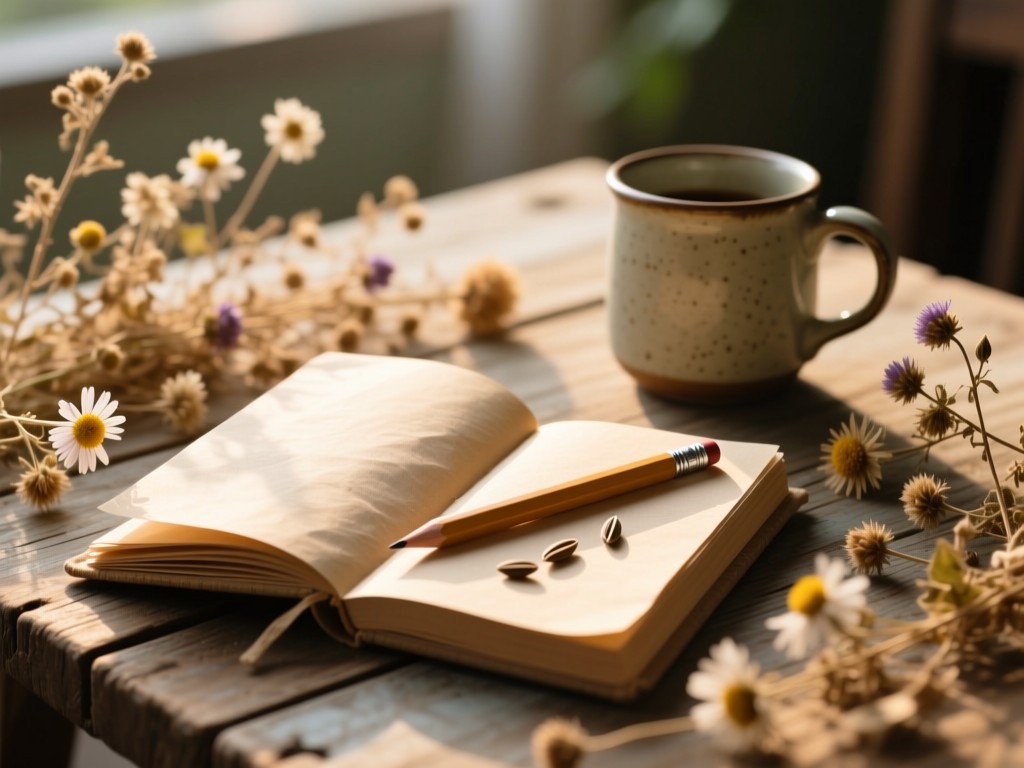 An open recycled-paper journal and seed pencil on a rustic table, surrounded by dried wildflowers and a ceramic mug, soft morning light creating warm textures, shallow focus.