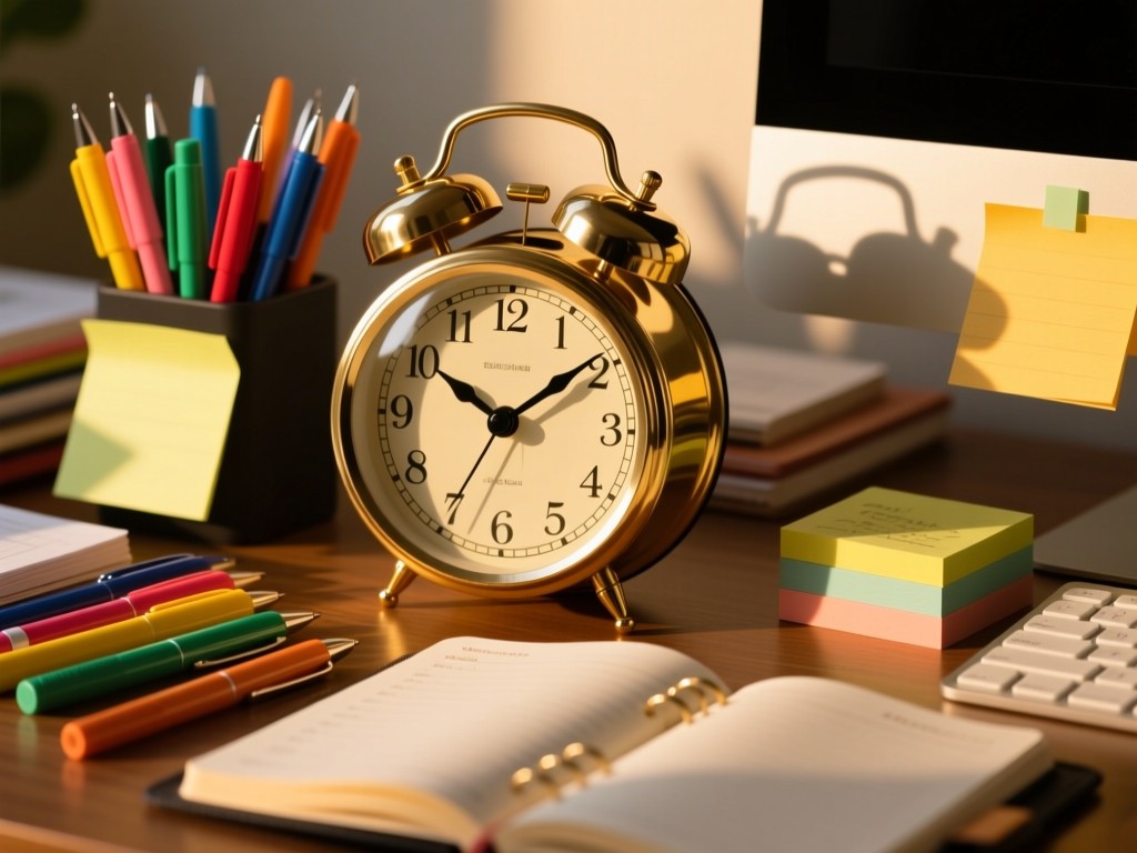A close-up of an elegant desk clock surrounded by neatly arranged productivity tools: colored pens, sticky notes, and an open planner. Golden hour light creates long shadows. No people.