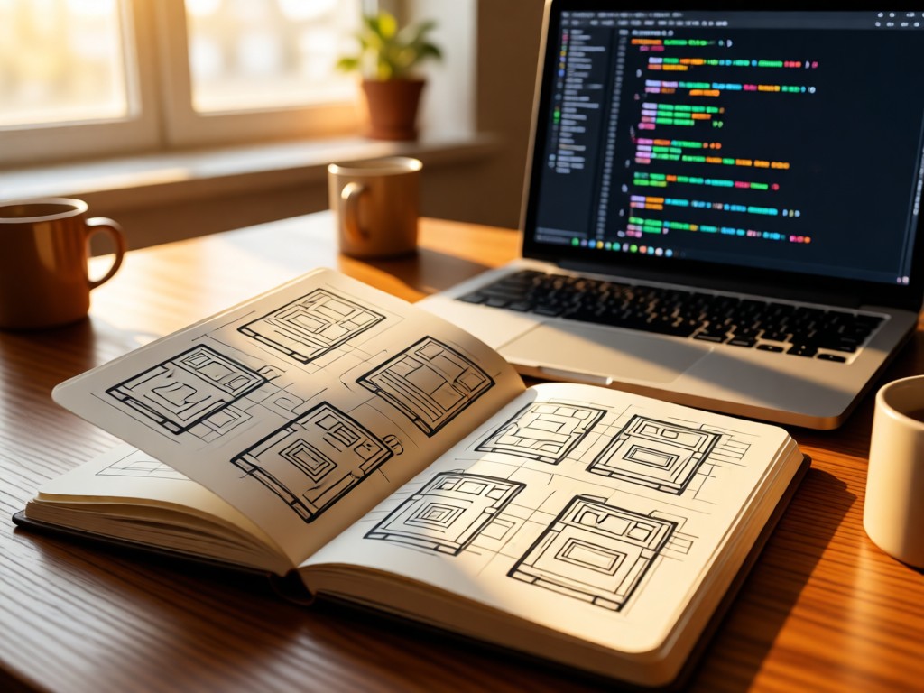 Open notebook with game design sketches beside a laptop showing code. Warm natural light creates depth. No people.