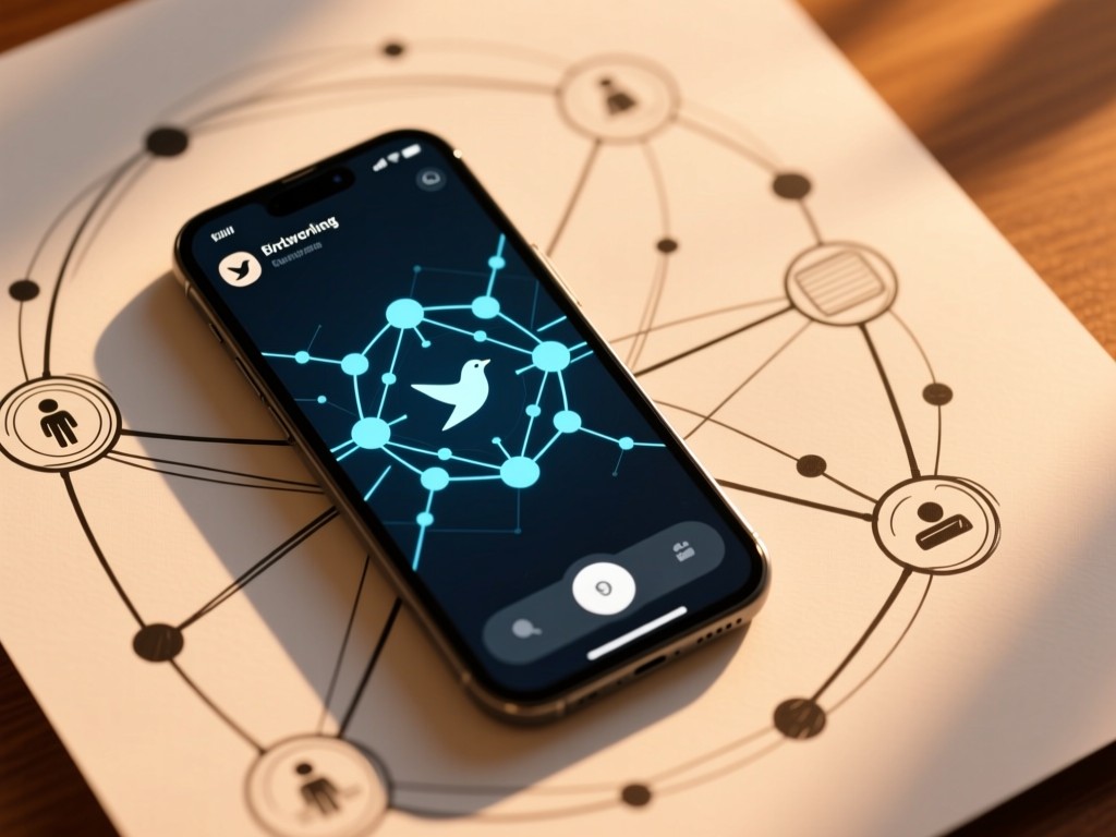 Bird's-eye view of smartphone showing networking app. Abstract connection lines drawn on paper surround it. Warm tones. No people.