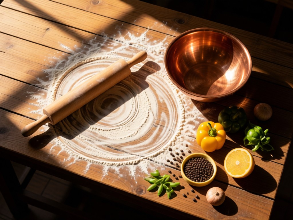 Aerial view of a perfectly composed chef's workspace: rolling pin, copper bowl, and fresh ingredients arranged on a flour-dusted wooden table. Soft afternoon light creates dramatic shadows. No people.
