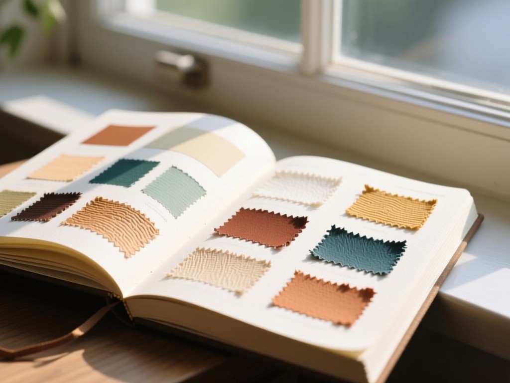 An open sketchbook showing cohesive color palettes and texture swatches. Natural light from a large window illuminates the paper’s grain. No people.