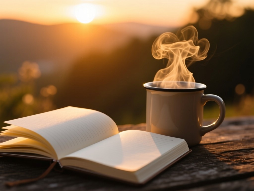 An open notebook with fresh pages beside a steaming mug during sunset, golden light highlighting the steam, shallow focus, representing real-time updates.