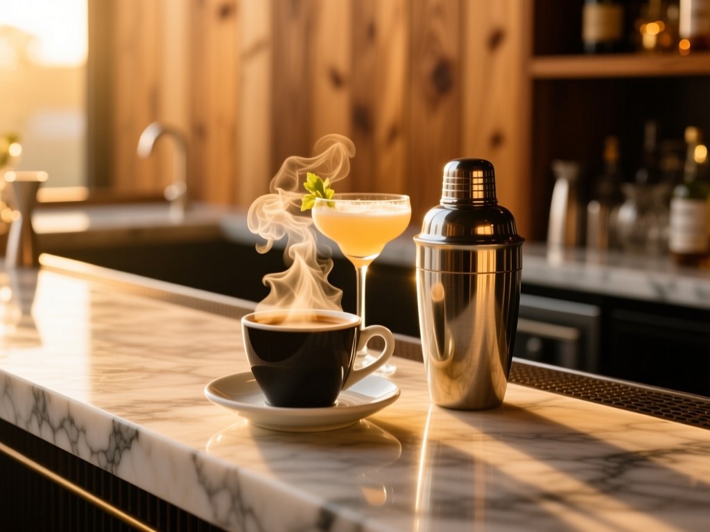 An espresso cup and cocktail shaker on a marble bar counter during golden hour, steam rising in soft sunlight, shallow depth of field, warm amber tones, natural wood background, no text.