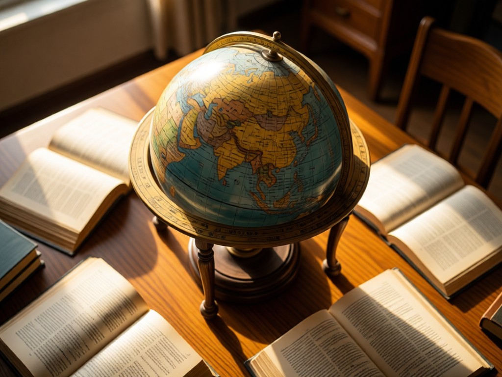An aerial view of a vintage globe centered on a desk surrounded by open educational journals. Soft morning light creates warm highlights. Symbolizes global teaching reach. No people.