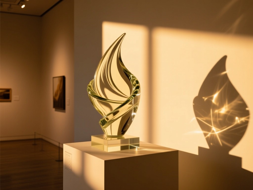 A single, elegant glass sculpture on a pedestal in a sunlit gallery during golden hour, symbolizing trust and professionalism, warm lighting, soft shadows, minimalist, no people.
