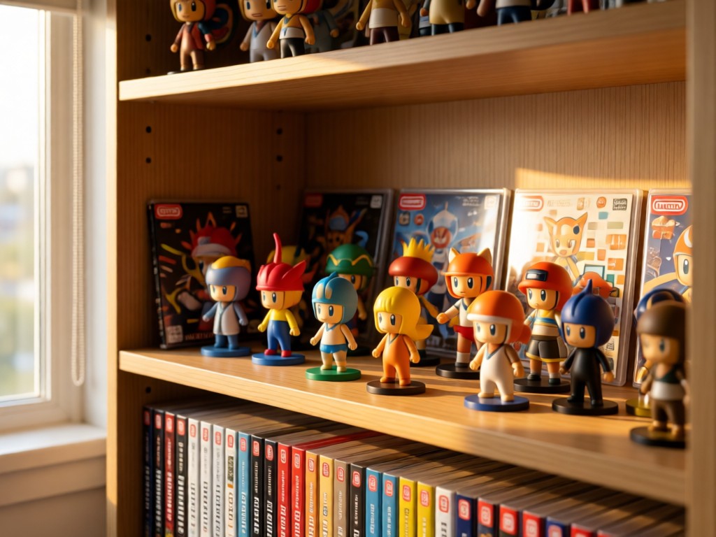 A neatly organized shelf displaying Nintendo Amiibo figures and game cases. Soft window light creates warm highlights on the collectibles. No people.