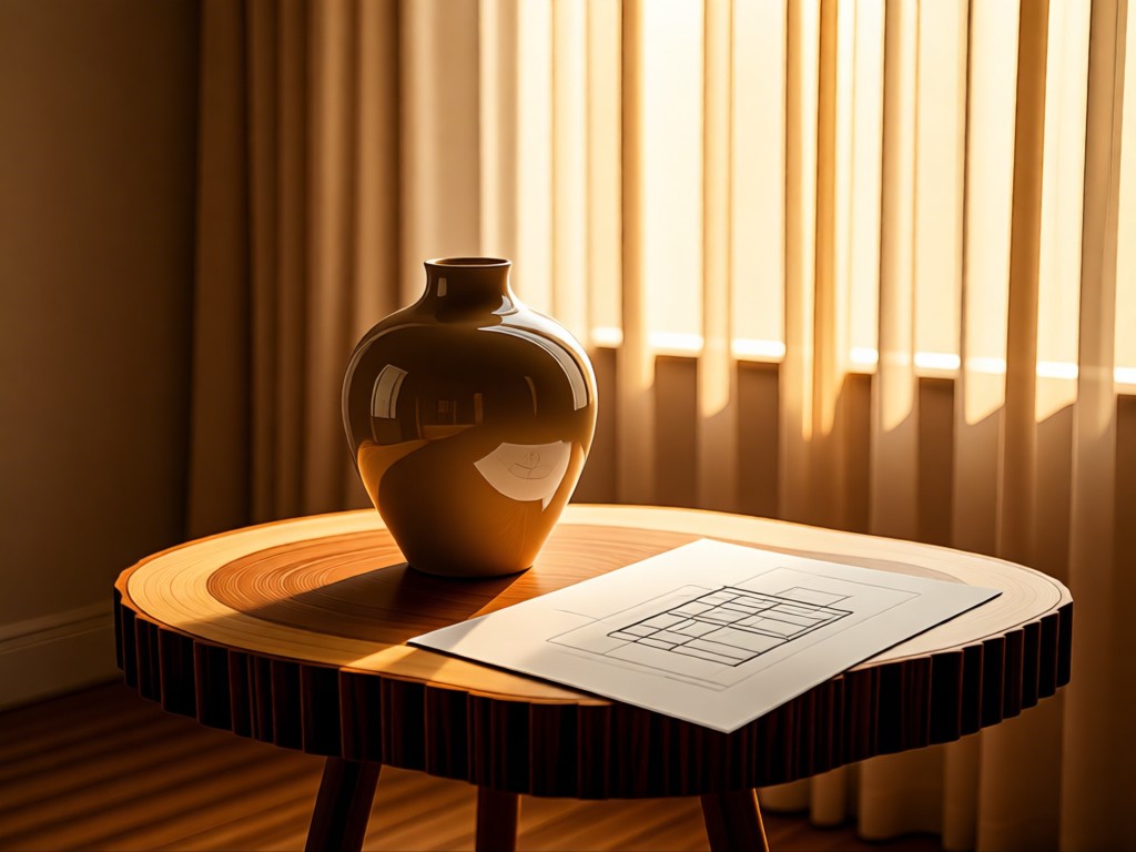 A curated vignette: ceramic vase on a live-edge table beside architectural sketches. Golden hour light through sheer curtains. Cohesive minimalist composition. No people.