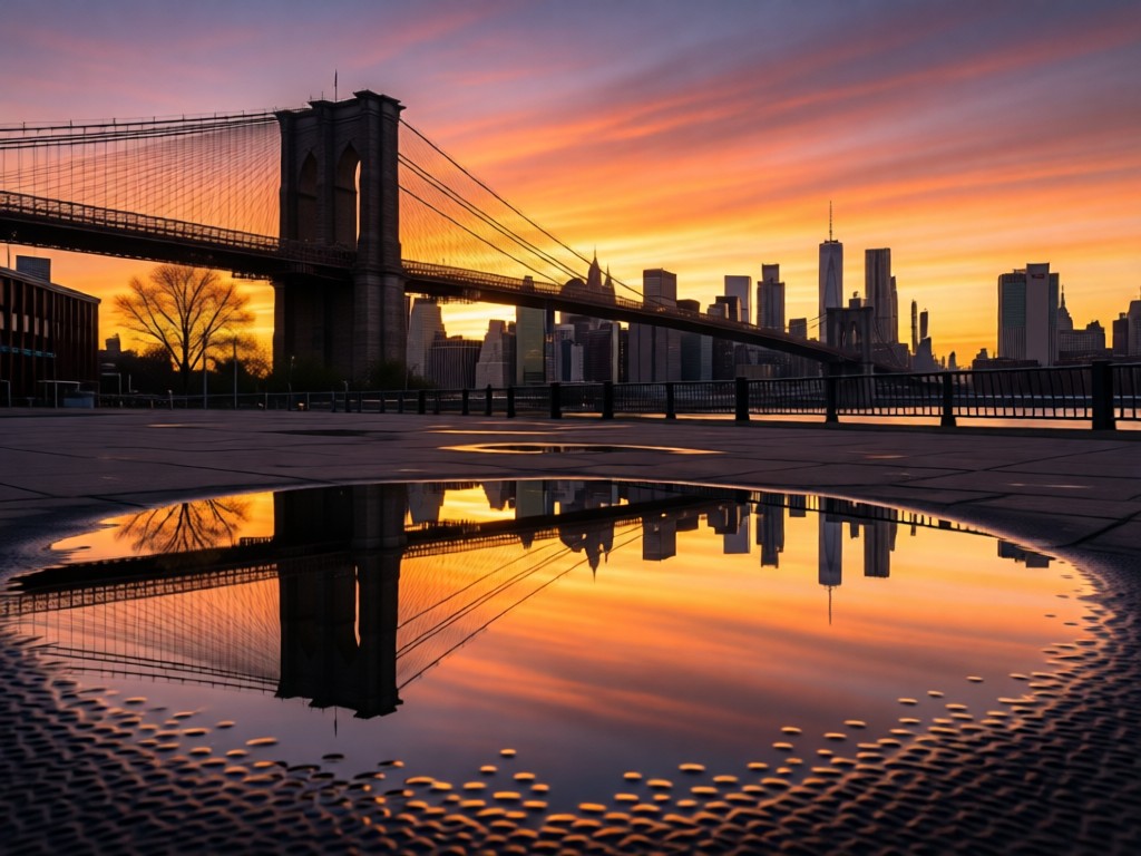 Aerial shot of Brooklyn Bridge at sunset reflected in puddle. Urban landscape with warm tones. Symbolic NYC connection. No people.