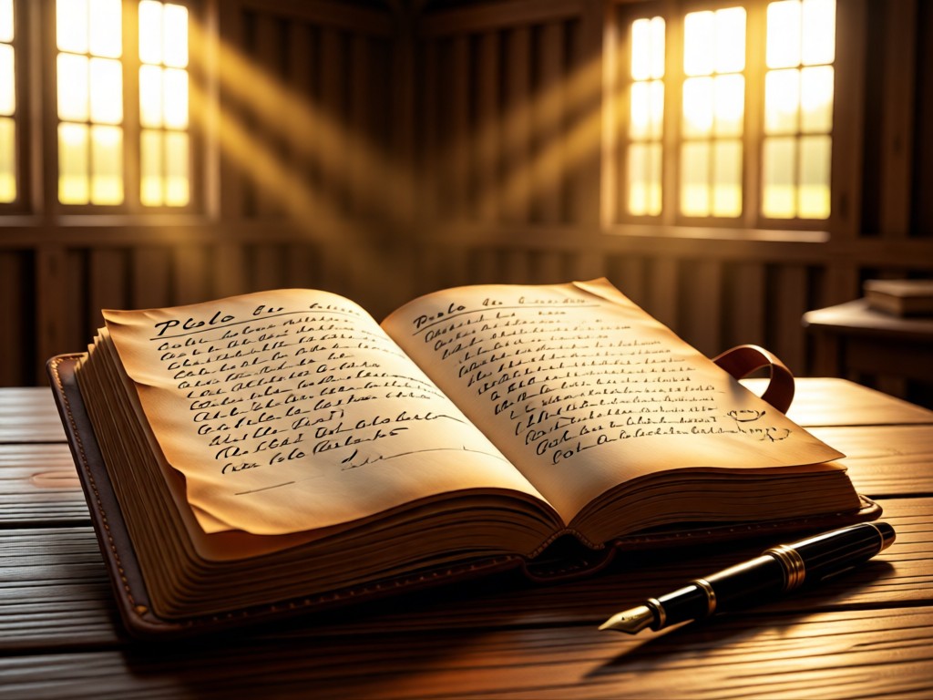 An open leather-bound journal showing handwritten polo stats. A fountain pen lies beside it. Golden light filters through stable windows onto aged paper. No people.