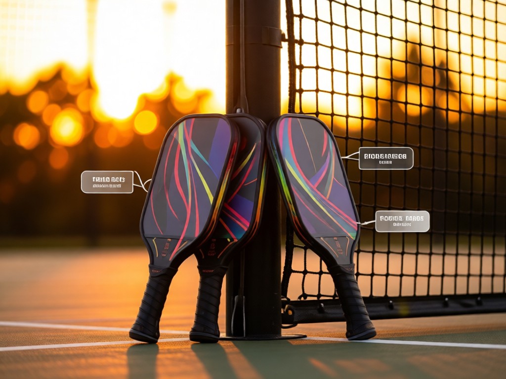 Three pickleball paddles leaning against a net post at sunset. Product tags float subtly near each paddle. Warm bokeh highlights in background.