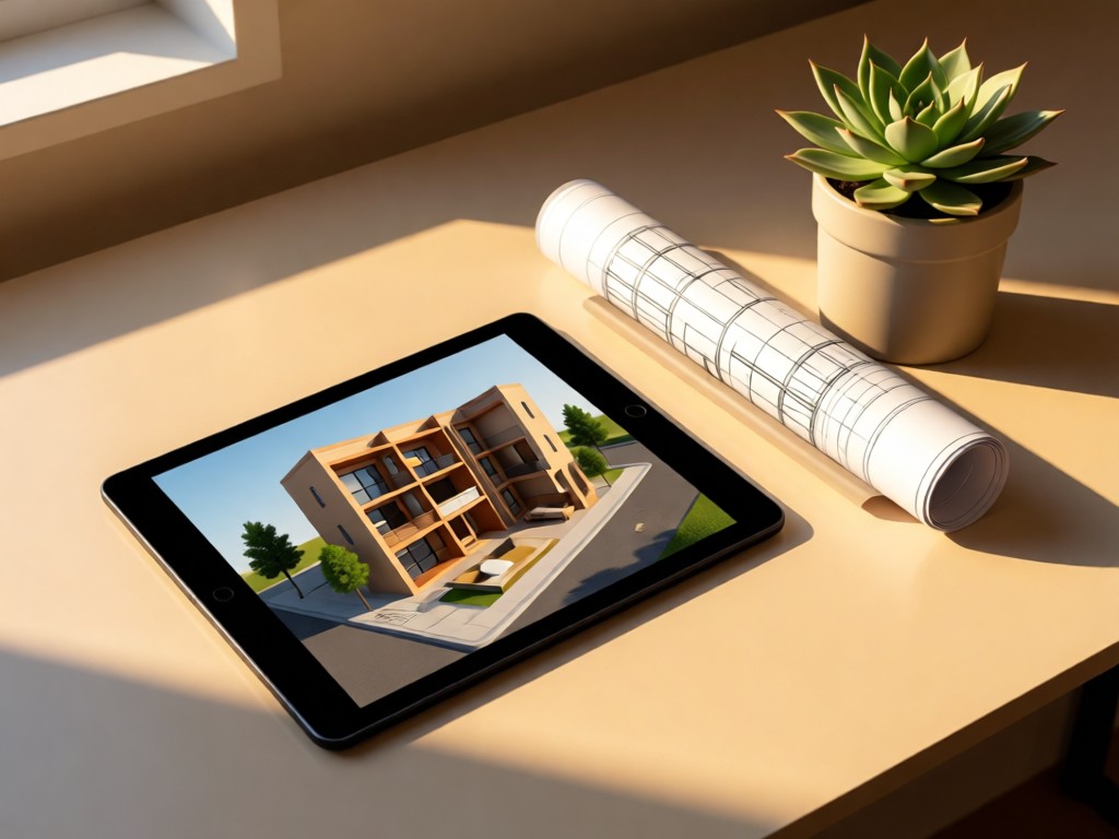 Minimalist desk with tablet displaying 3D apartment tour. Beside it, a blueprint neatly rolled beside a potted succulent. Soft afternoon light creates warm contrast. No people.