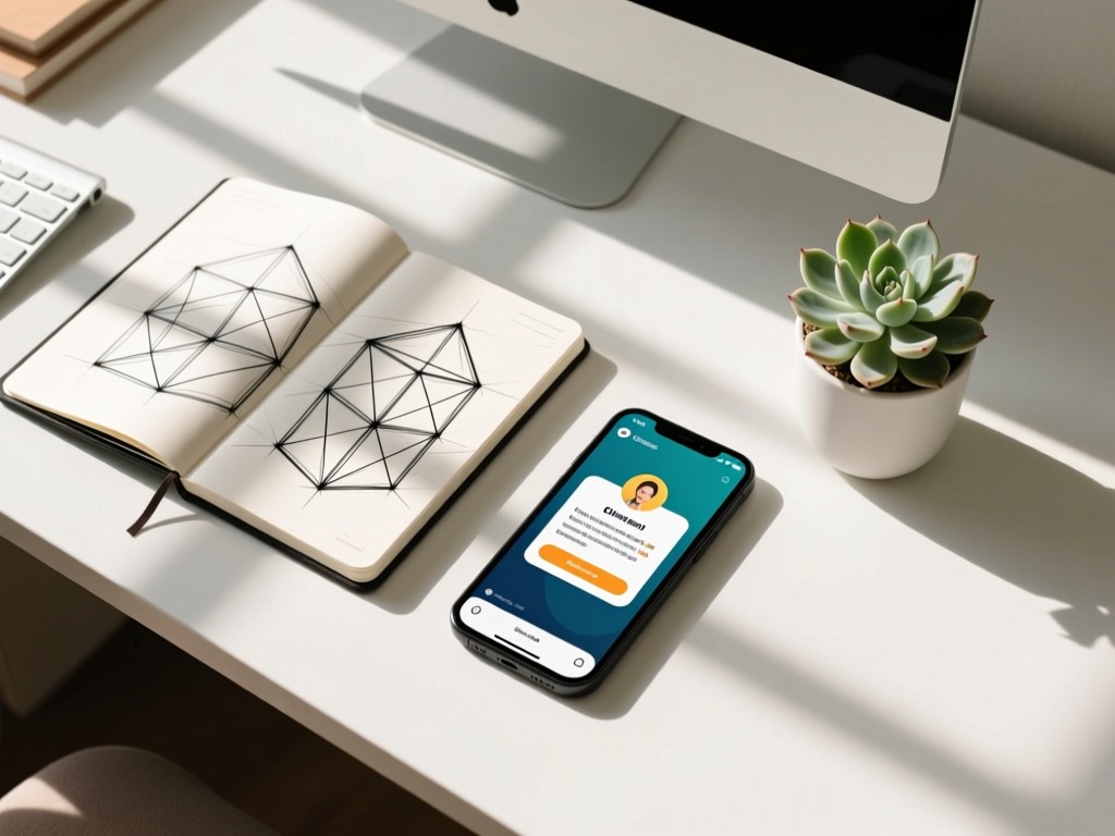 Aerial view of a clean desk with a wireframe sketchbook, smartphone showing client testimonials, and a single succulent plant. Soft shadows create geometric patterns. No people.