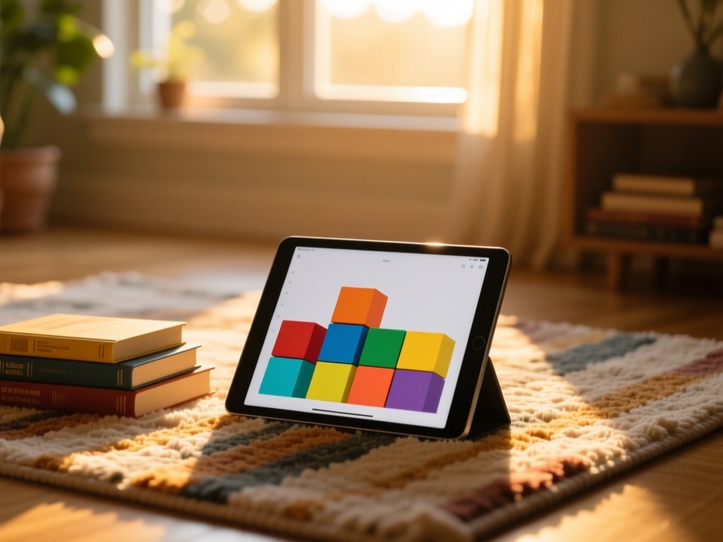 A tablet displaying colorful blocks and books on a cozy rug during golden hour, soft sunlight streaming through a window, warm natural lighting, shallow depth of field, no people visible.