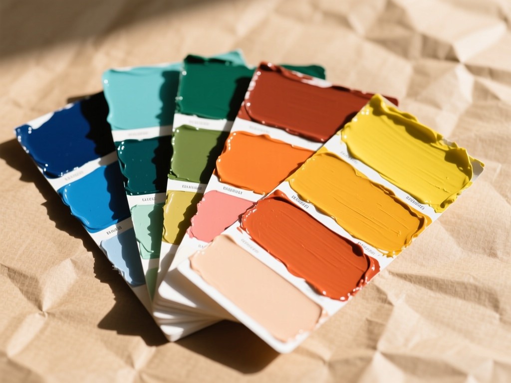 Colorful paint swatches overlapping on a craft paper background. Natural light highlights texture. Minimalist composition.