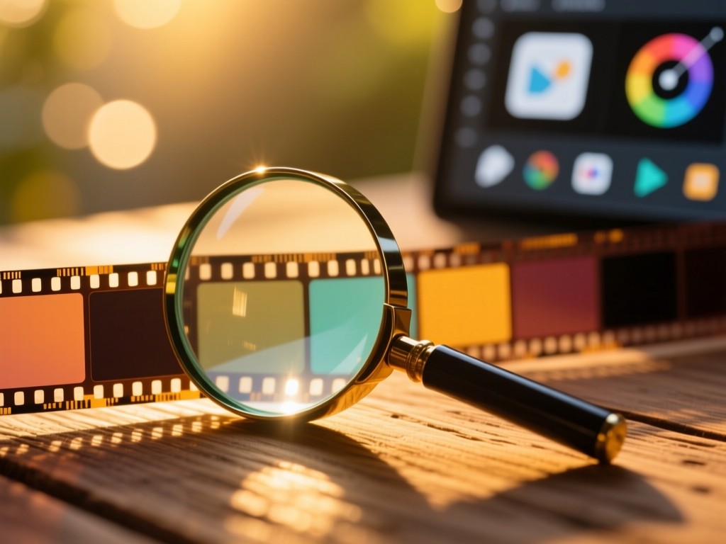 Magnifying glass resting on a color-graded film strip in golden hour light, warm bokeh background of blurred editing interface icons, shallow focus, natural wood texture underneath.
