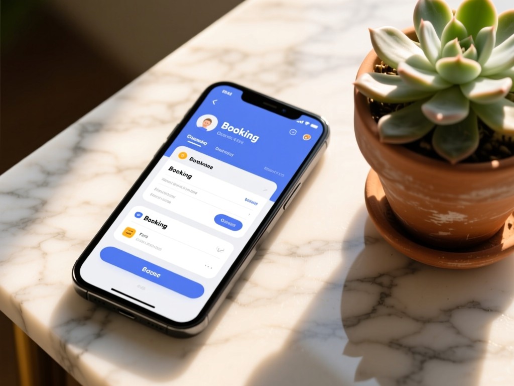 A smartphone displaying a clean booking interface, resting on a marble surface beside a potted succulent. Sunlight creates warm reflections on the screen. No people.
