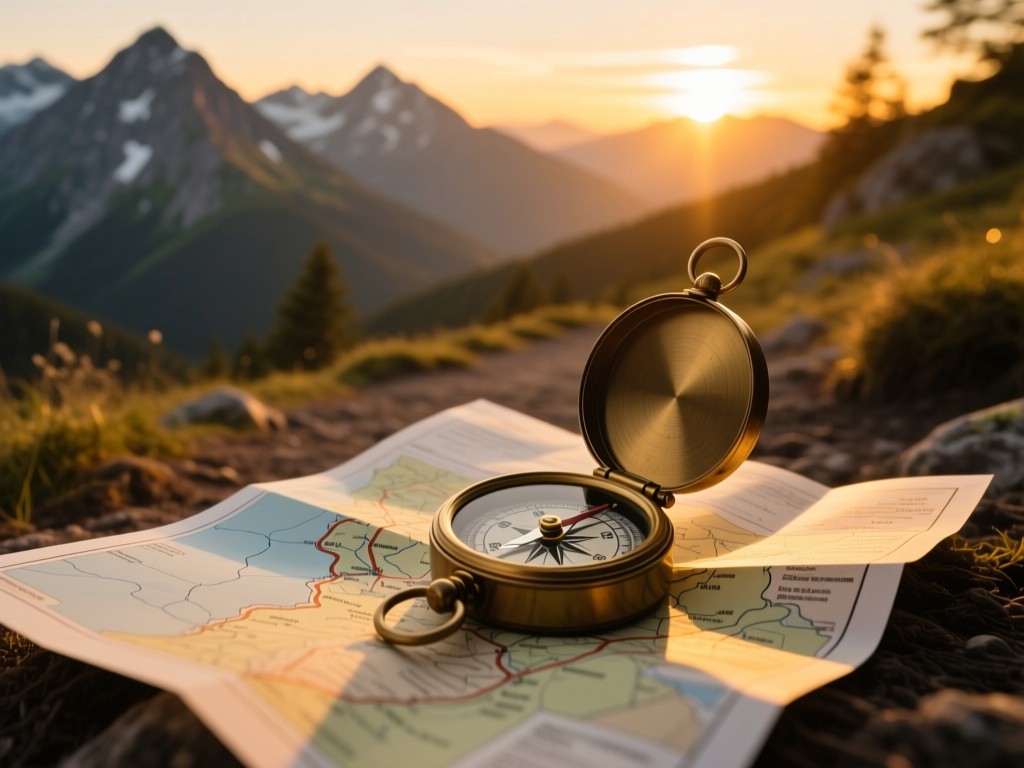 A vintage compass resting on hiking trail map with mountain peaks visible in distance during sunset, warm golden glow, adventure symbolism, shallow focus, natural color palette.