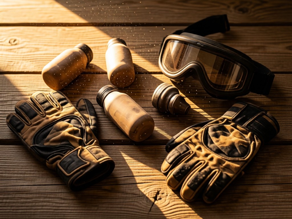 Artistic flat lay of paintball pods, gloves, and goggles on weathered wood. Warm side lighting highlights textures. Dust particles visible in sunbeams. Earthy color palette. No people.